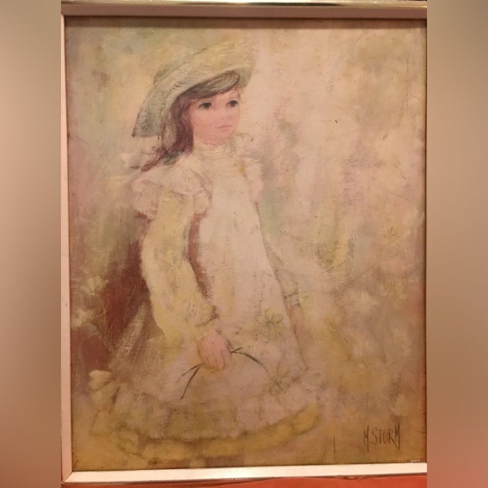 Vintage MCM large canvas painting gicle - signed M. STORM- wood frame/gold trim